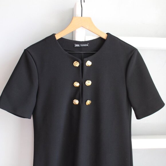 Zara Women's Black Gold Buttoned Short Sleeve Shift Mini Dress Size Medium - Picture 4 of 7